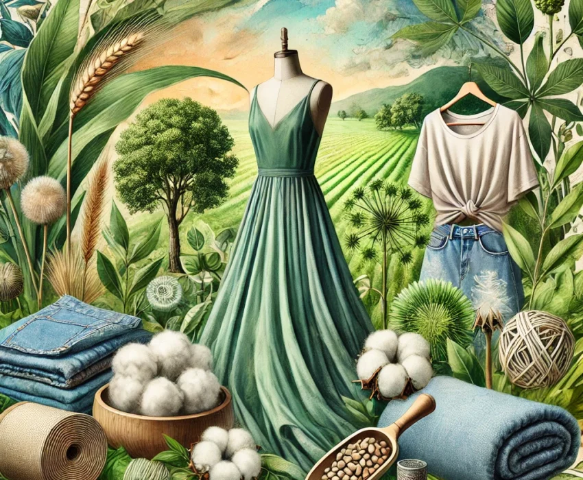DALL·E 2025-01-04 23.07.12 - An artistic, eco-friendly fashion concept for a blog about sustainable fabrics. The image should showcase a range of eco-friendly materials like organ